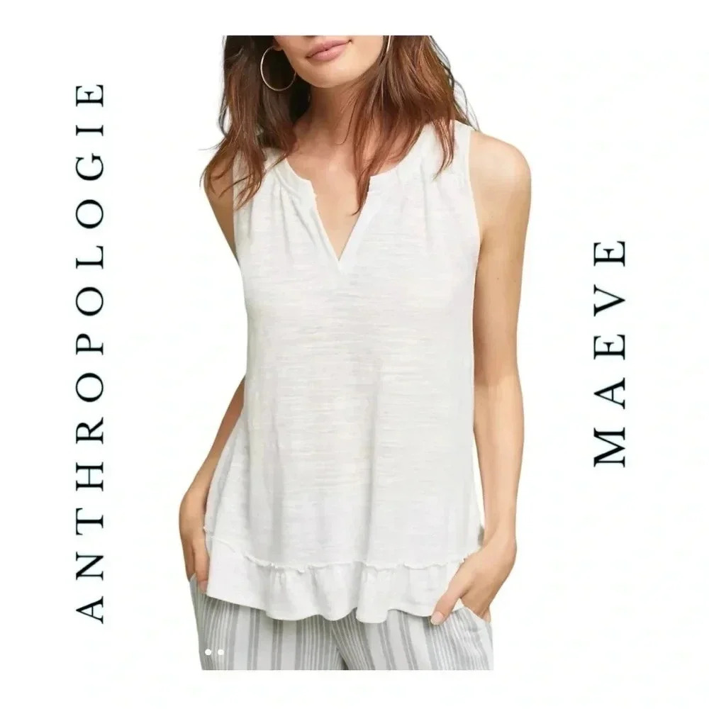0385W.‎ ANTHROPOLOGIE MAEVE SLEEVELESS BLOUSE SIZE XSMALL WHITE IN COLOR RUFFLES